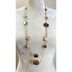 Chico’s Long Two strand Hammered Gold Tone bead Station Necklace